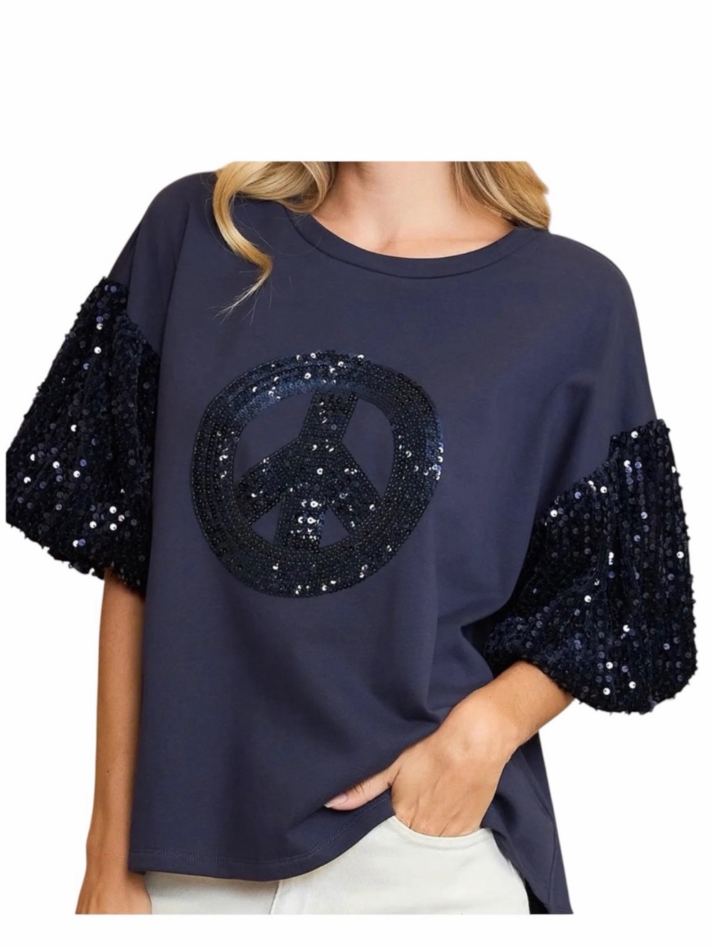 NEW Umgee Navy Blue Sequin Peace Sign Cotton Terry Cloth Puff Sleeve T-Shirt
